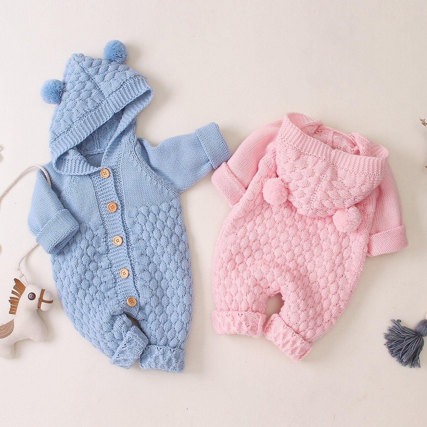 Baby Wool Ball Hooded Knitted Jumpsuit Burst Bodysuits - MomyMall