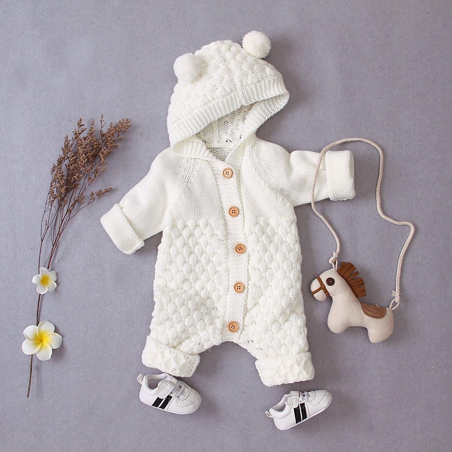 Baby Wool Ball Hooded Knitted Jumpsuit Burst Bodysuits - MomyMall