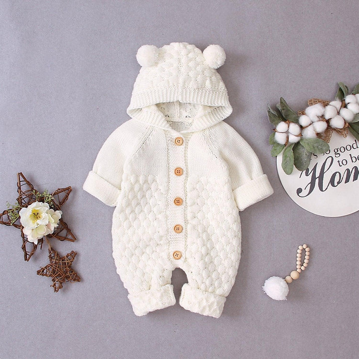 Baby Wool Ball Hooded Knitted Jumpsuit Burst Bodysuits - MomyMall Rice white / 66cm：3-6months