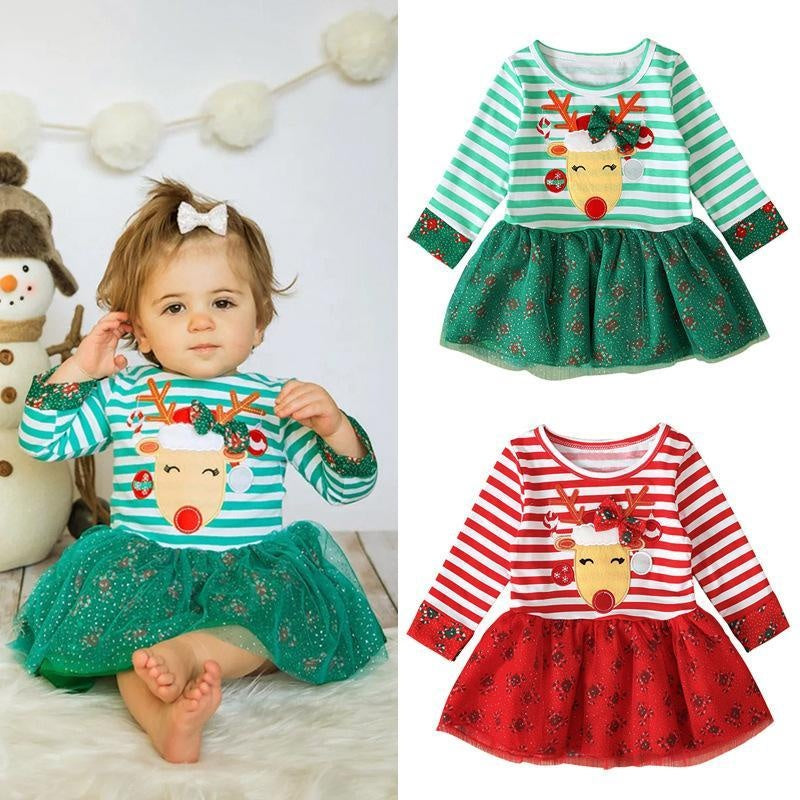 Kids Girl Spring Long Sleeve Striped Fashion Christmas Dresses - MomyMall