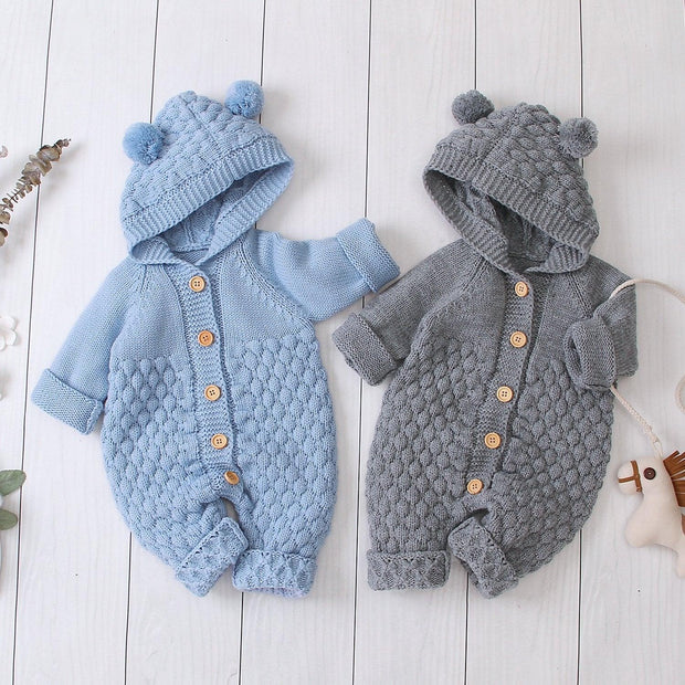 Baby Wool Ball Hooded Knitted Jumpsuit Burst Bodysuits - MomyMall