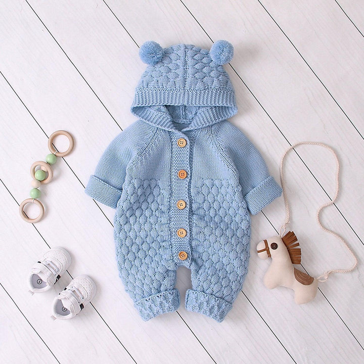 Baby Wool Ball Hooded Knitted Jumpsuit Burst Bodysuits - MomyMall Light blue / 66cm：3-6months