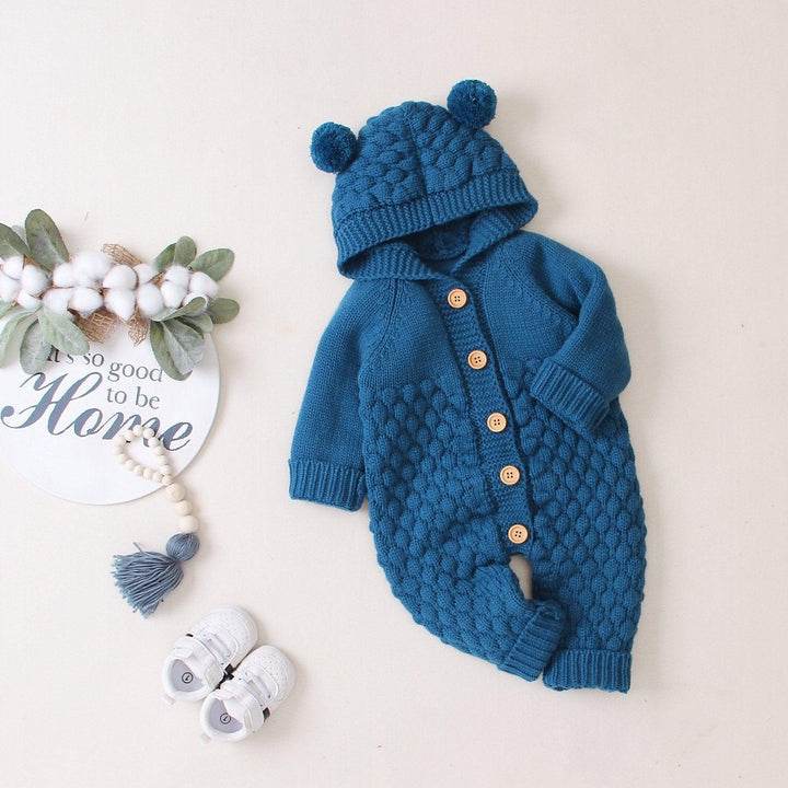 Baby Wool Ball Hooded Knitted Jumpsuit Burst Bodysuits - MomyMall