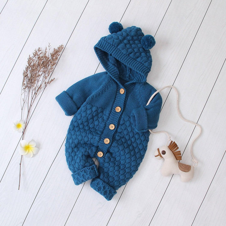 Baby Wool Ball Hooded Knitted Jumpsuit Burst Bodysuits - MomyMall Cowboy blue / 66cm：3-6months