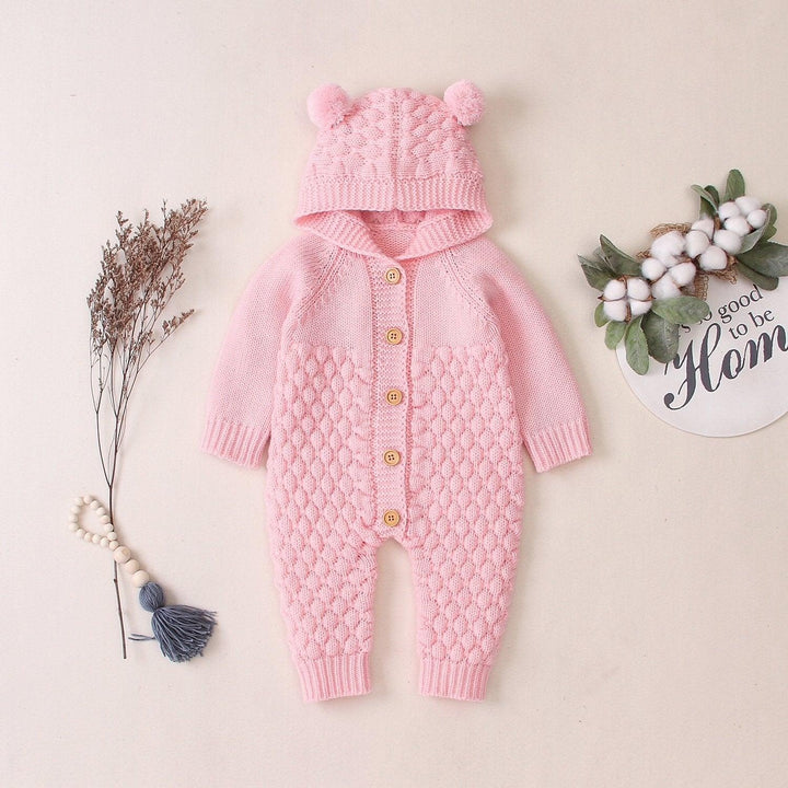Bear Design Winter Hooded Knitting Jumpsuit - MomyMall 0-3 Months / Pink