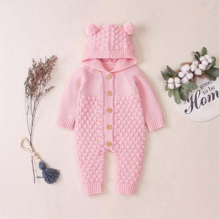 Baby Wool Ball Hooded Knitted Jumpsuit Burst Bodysuits - MomyMall Light Pink / 66cm：3-6months