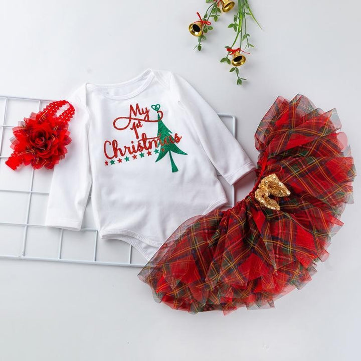 Children Christmas Baby Set Autumn Long Sleeve Romper+Tutu Skirt+Headwear 3 Pcs - MomyMall