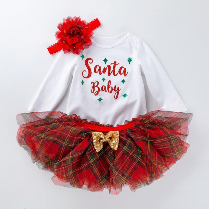 Children Christmas Baby Set Autumn Long Sleeve Romper+Tutu Skirt+Headwear 3 Pcs - MomyMall White dress + red dress - letter / 59 (0-3 months)