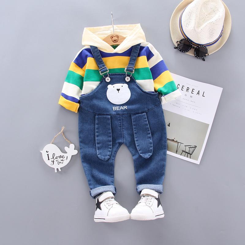 Boy Girl Cartoon Bear Cowboy Autumn Striped Long Sleeve 2 Pcs Suits