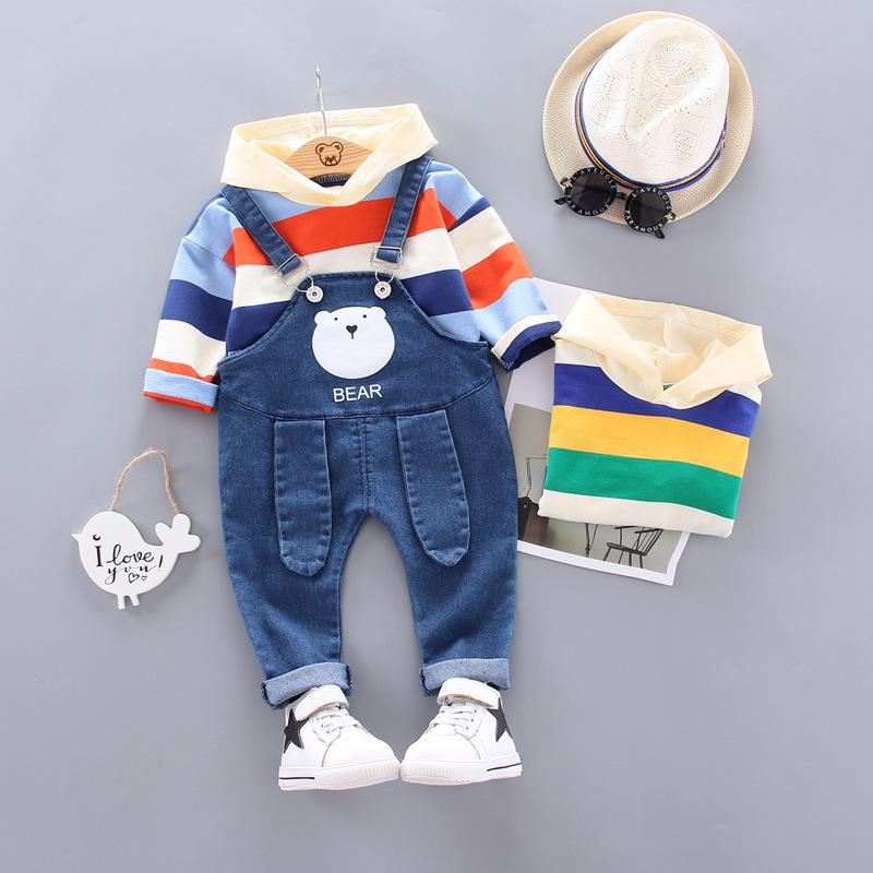 Boy Girl Cartoon Bear Cowboy Autumn Striped Long Sleeve 2 Pcs Suits