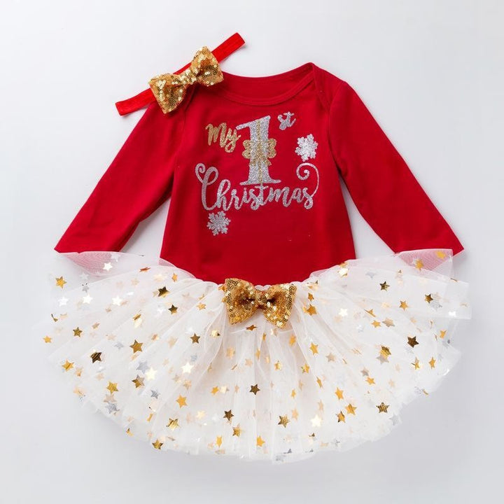 Children Christmas Baby Set Autumn Long Sleeve Romper+Tutu Skirt+Headwear 3 Pcs - MomyMall Red khat and white skirt. / 59 (0-3 months)