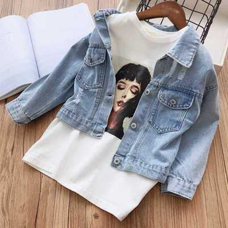 Girl Denim Jacket Spring Cute Sweet Back Flower Print Coat Outwear