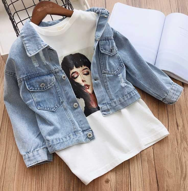 Girl Denim Jacket Spring Cute Sweet Back Flower Print Coat Outwear