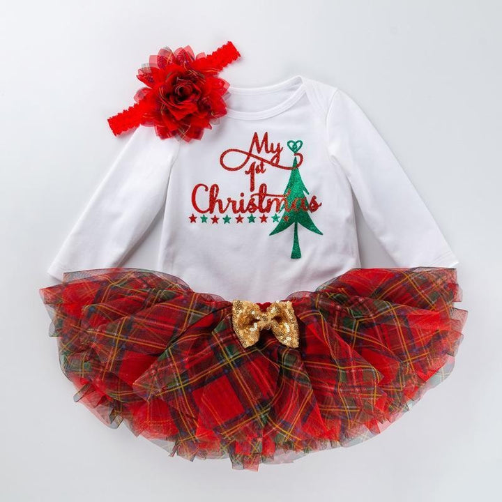 Children Christmas Baby Set Autumn Long Sleeve Romper+Tutu Skirt+Headwear 3 Pcs - MomyMall White Hat+Red Skirt-Christmas Tree / 59 (0-3 months)