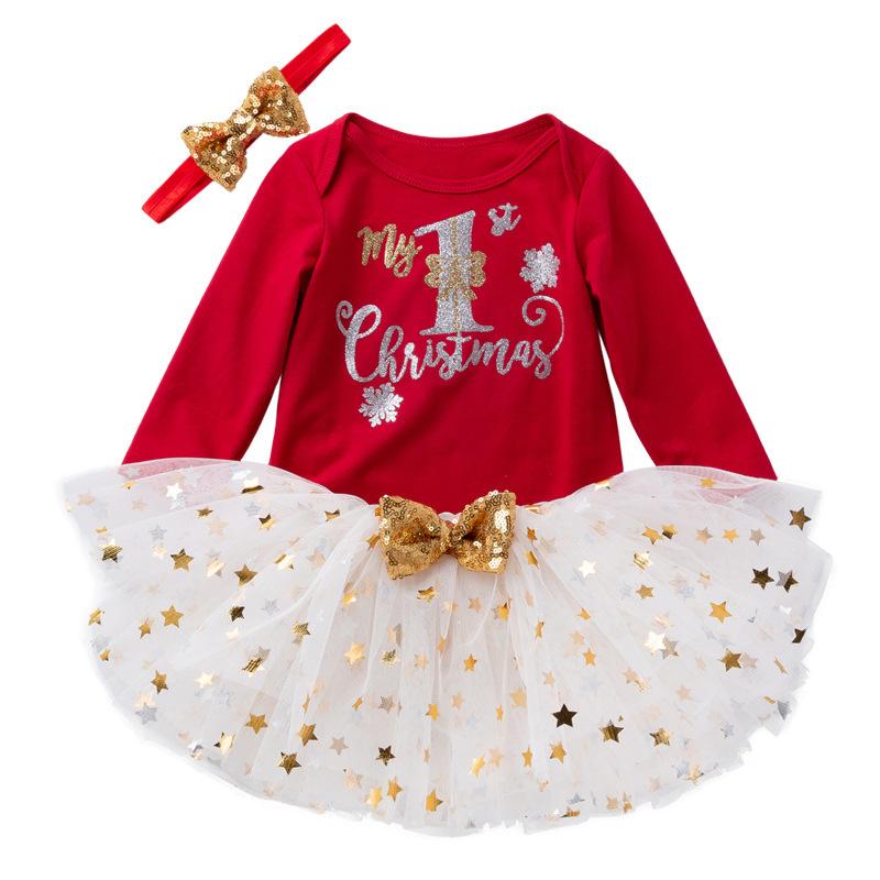 Children Christmas Baby Set Autumn Long Sleeve Romper+Tutu Skirt+Headwear 3 Pcs - MomyMall