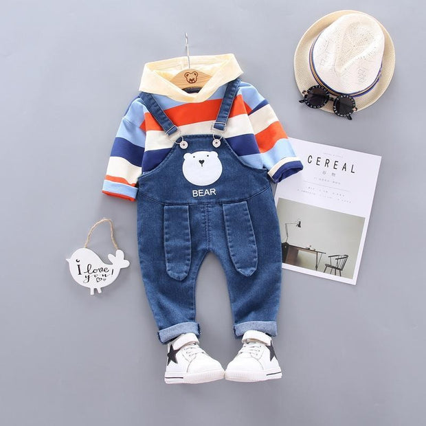 Boy Girl Cartoon Bear Cowboy Autumn Striped Long Sleeve 2 Pcs Suits