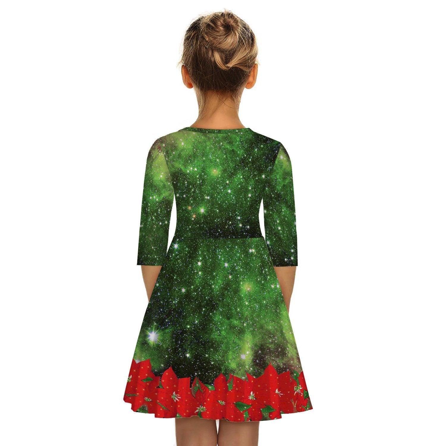 Kids Girl Christmas Digital Printing Tide Fan Sleeve Dresses