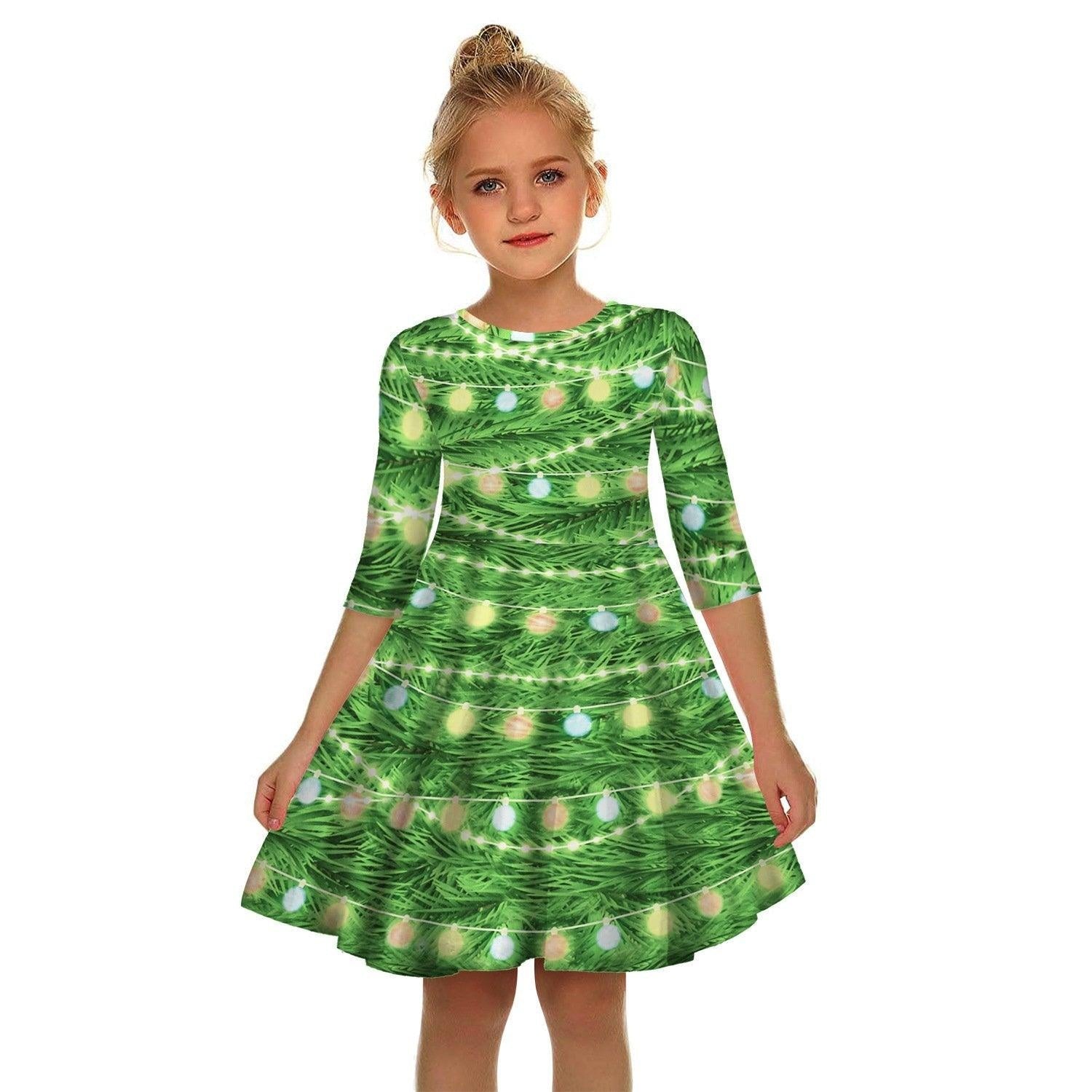 Kids Girl Christmas Digital Printing Tide Fan Sleeve Dresses