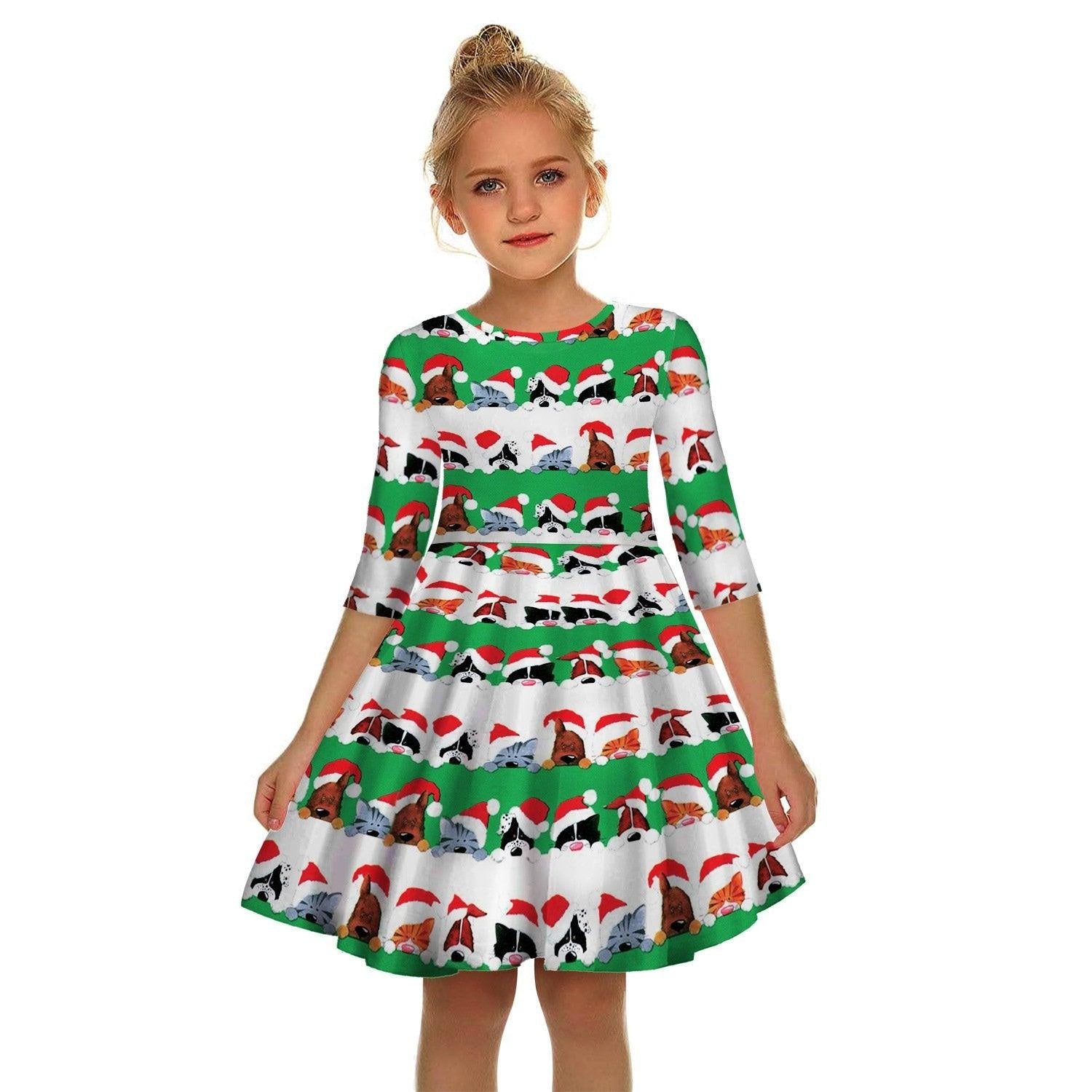 Kids Girl Christmas Digital Printing Tide Fan Sleeve Dresses