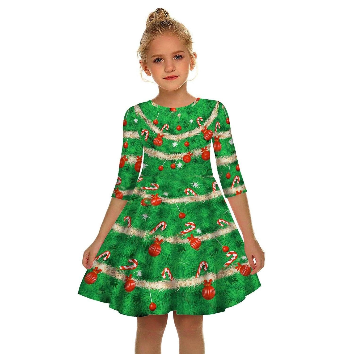 Kids Girl Christmas Digital Printing Tide Fan Sleeve Dresses