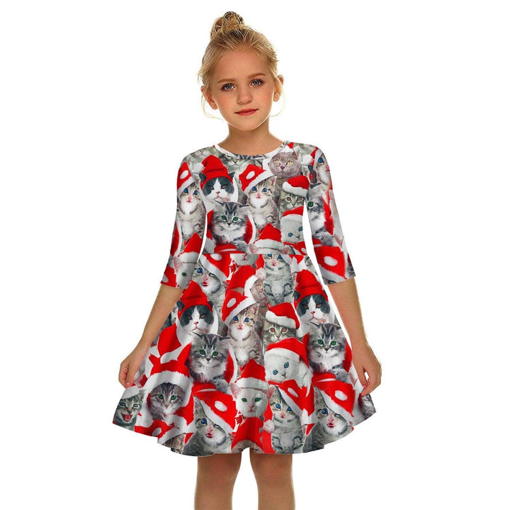 Kids Girl Christmas Digital Printing Tide Fan Sleeve Dresses
