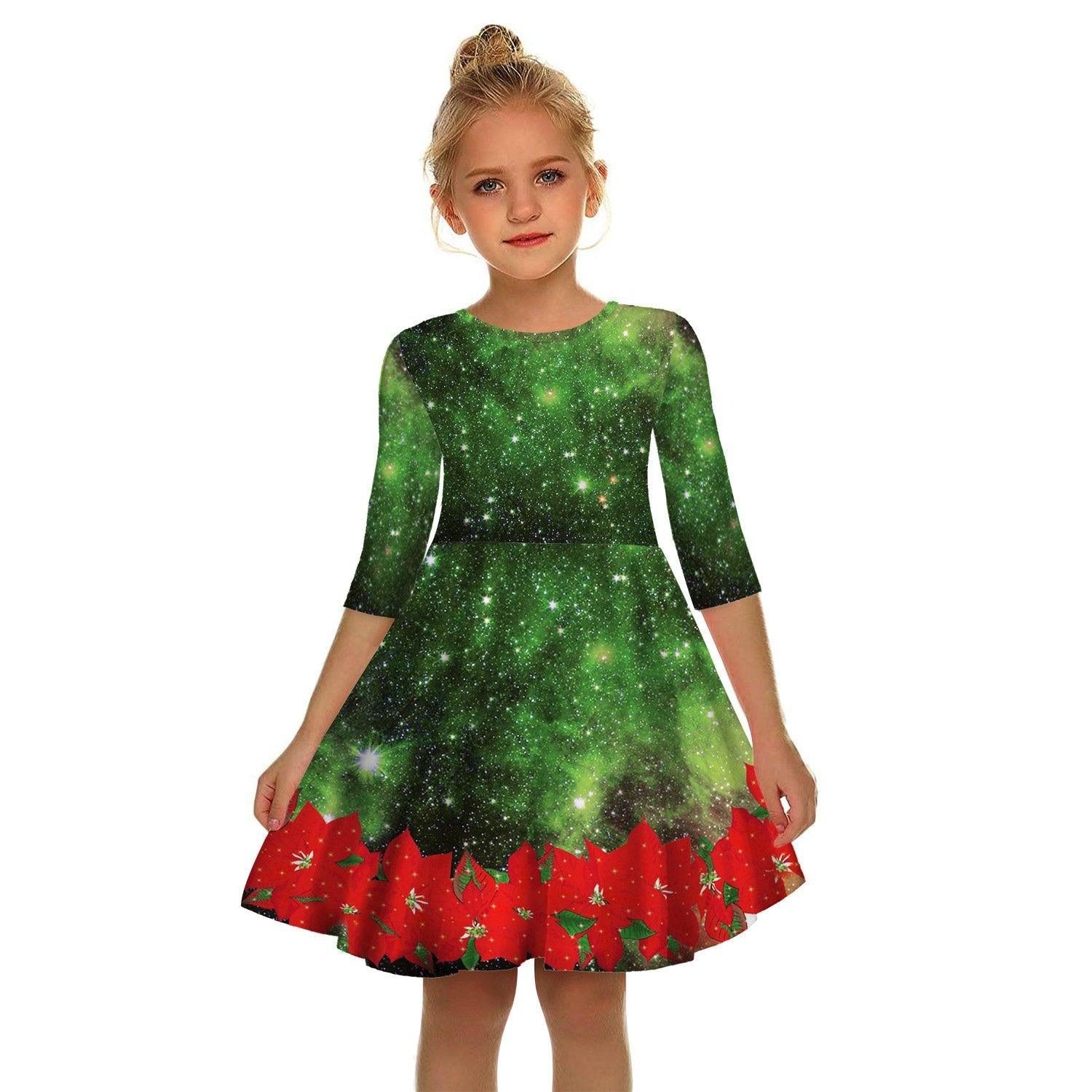 Kids Girl Christmas Digital Printing Tide Fan Sleeve Dresses