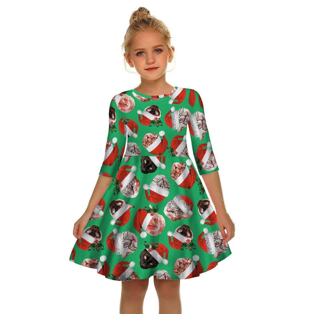 Kinder Mädchen Weihnachten Digitaldruck Tide Fächerärmel Kleider