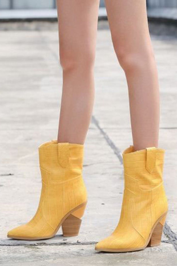 Mustard Croc Cut-Out Heel Mid Western Cowboy Boots - MomyMall