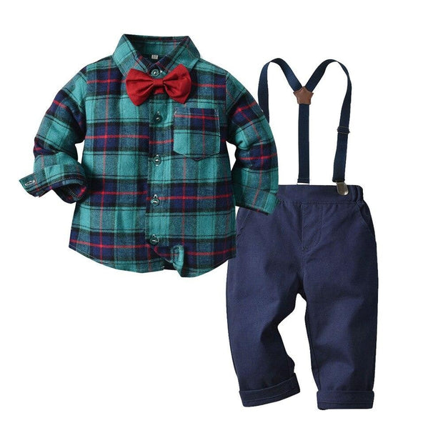 Kids Boys Plaid Spring and Autumn Long Sleeve 3 Pcs Suit - MomyMall Green / 80cm：6-12months