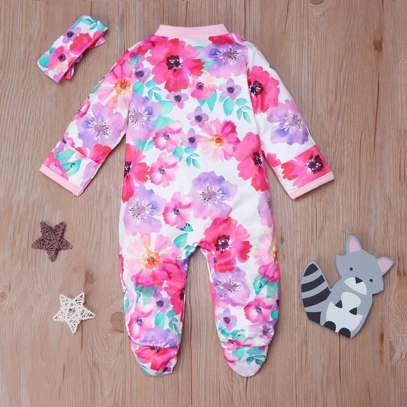 Lovely Baby Full Floral Printed Pajamas With Headband - MomyMall