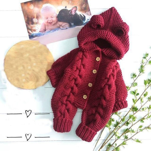 Baby Hooded Single-row Buckle Solid Color Jumpsuit Romper - MomyMall red / 60cm:0-3months