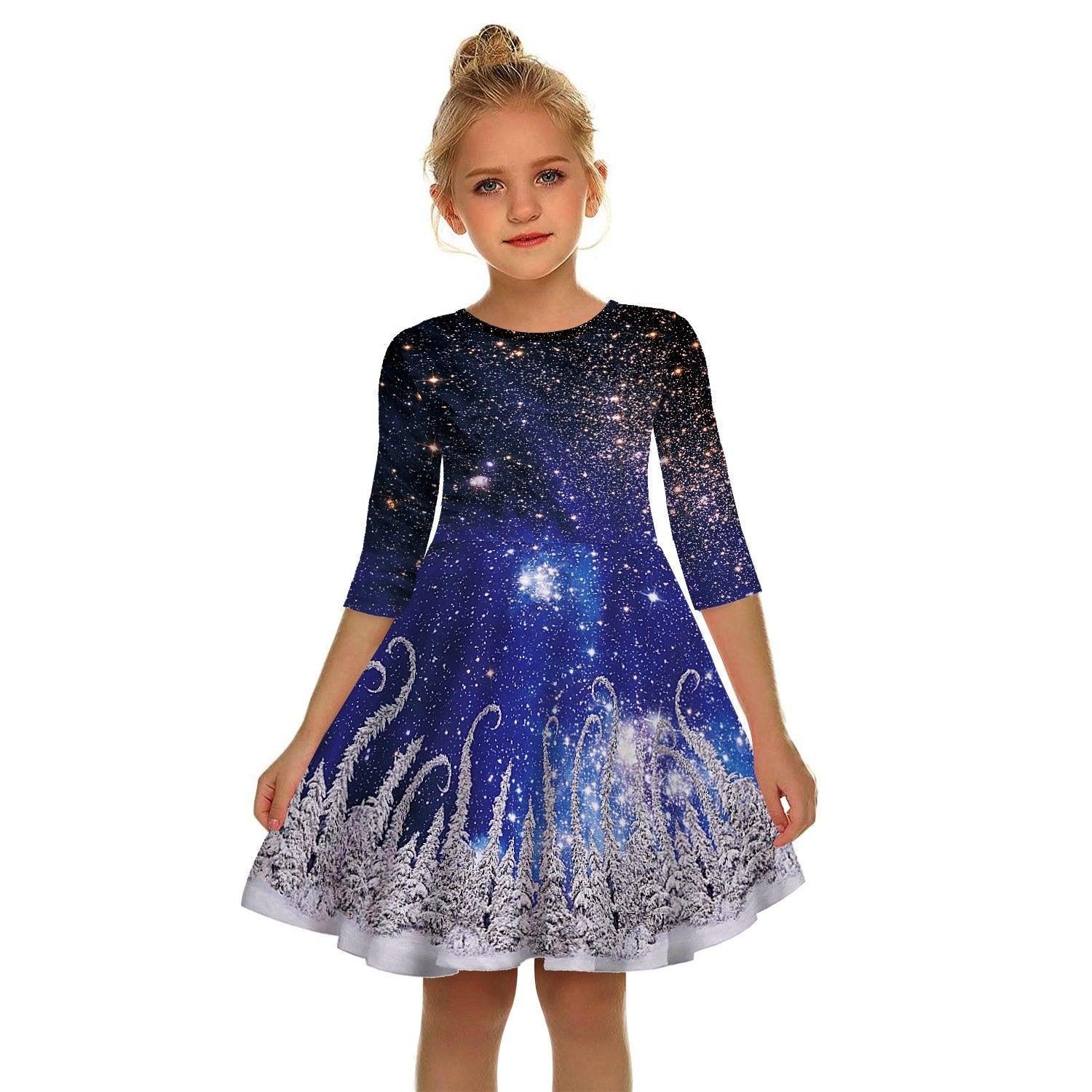 Kids Girl Christmas Digital Printing Tide Fan Sleeve Dresses