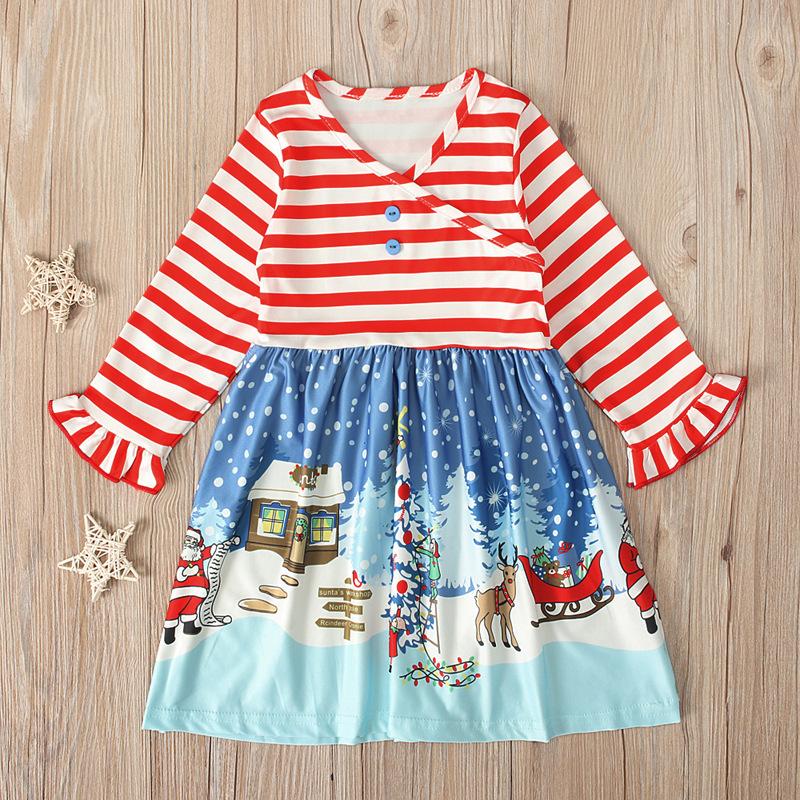 Kids Girl Spring Long Sleeve Christmas Snowman Striped Dresses - MomyMall