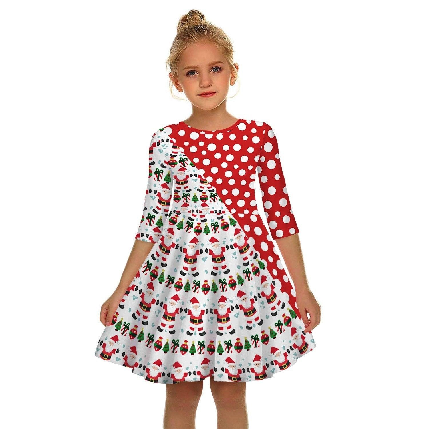 Kids Girl Christmas Digital Printing Tide Fan Sleeve Dresses