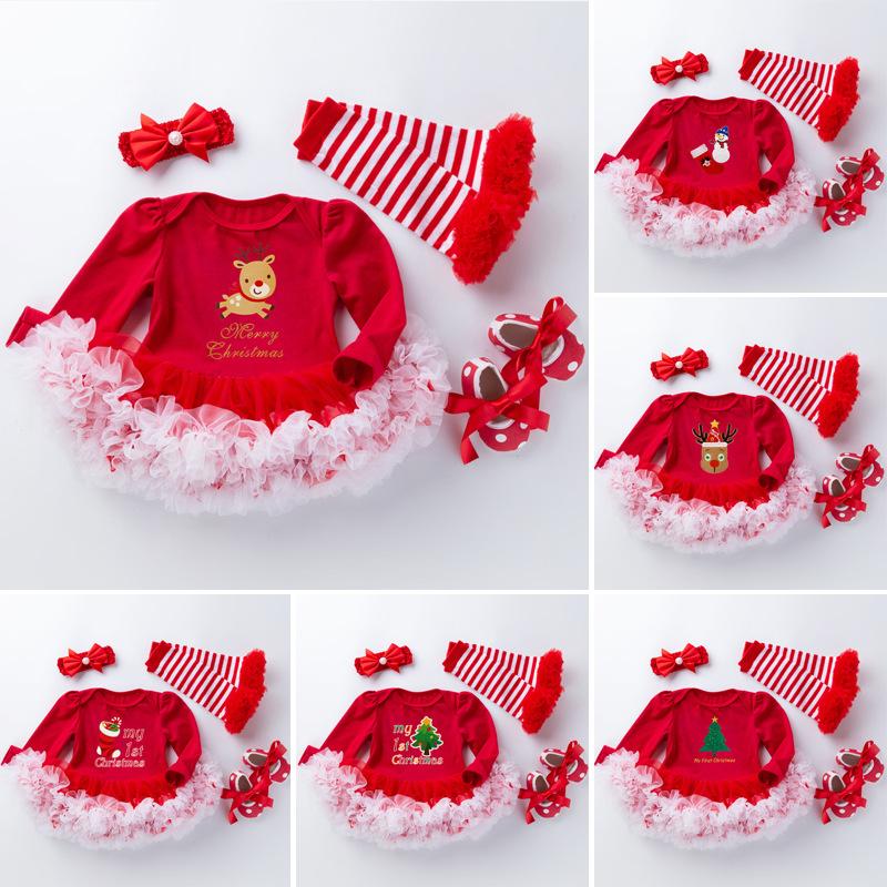 New Baby Girl Christmas Long Sleeve Cartoon Dress Mesh 4 Pcs - MomyMall