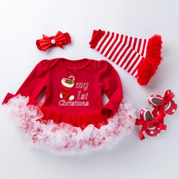 New Baby Girl Christmas Long Sleeve Cartoon Dress Mesh 4 Pcs - MomyMall style7 / S/59(0-3 months)