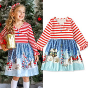 Kids Girl Spring Long Sleeve Christmas Snowman Striped Dresses - MomyMall Red / 100cm:2-3years