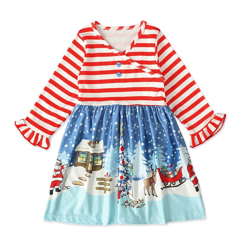 Kids Girl Spring Long Sleeve Christmas Snowman Striped Dresses - MomyMall