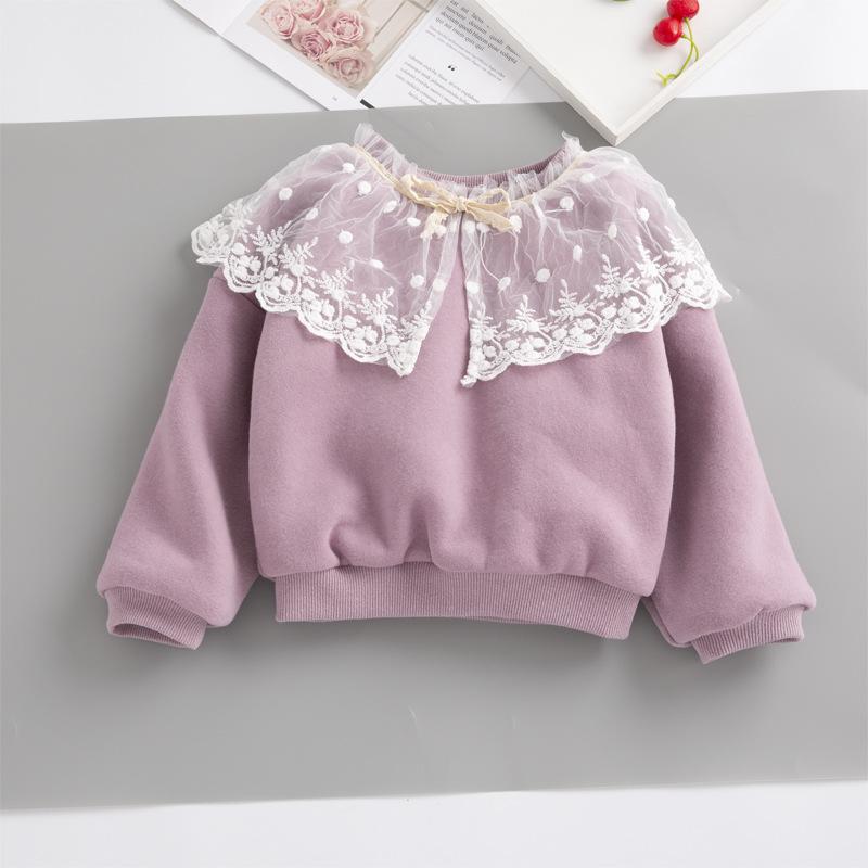 Girls Velvet Lace Side Collar Winter Wool Fleece Sweaters