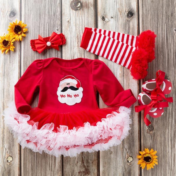 New Baby Girl Christmas Long Sleeve Cartoon Dress Mesh 4 Pcs - MomyMall
