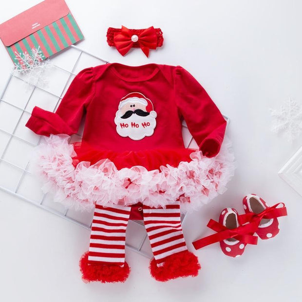 New Baby Girl Christmas Long Sleeve Cartoon Dress Mesh 4 Pcs - MomyMall