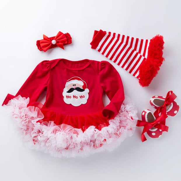 New Baby Girl Christmas Long Sleeve Cartoon Dress Mesh 4 Pcs - MomyMall style1 / S/59(0-3 months)