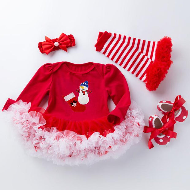 New Baby Girl Christmas Long Sleeve Cartoon Dress Mesh 4 Pcs - MomyMall style3 / S/59(0-3 months)
