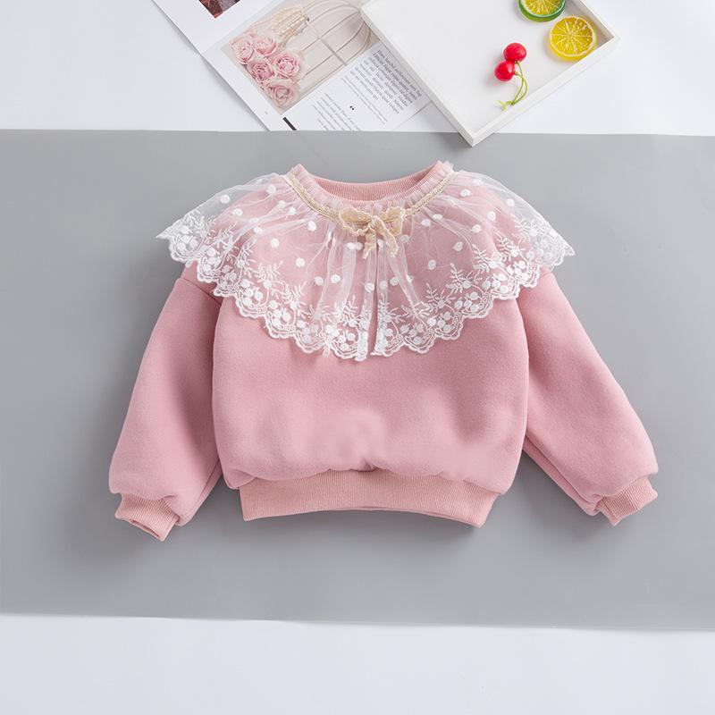 Girls Velvet Lace Side Collar Winter Wool Fleece Sweaters