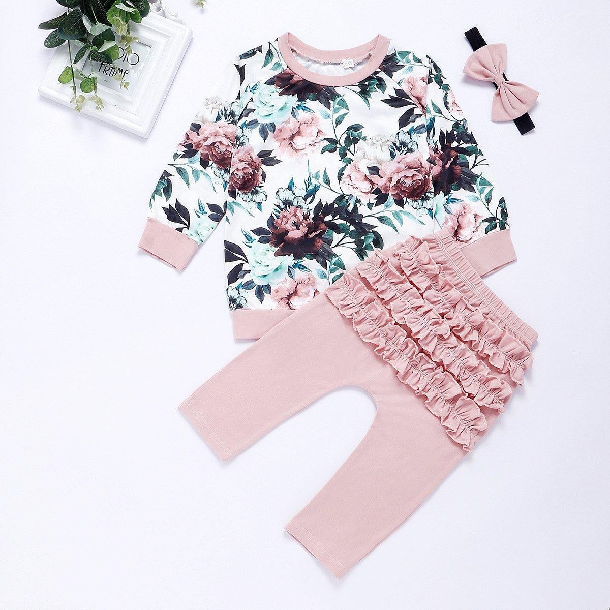 Baby Girls Sets Floral print Long Sleeve 3pcs Set Outfits - MomyMall Pink / 70cm:3-6months