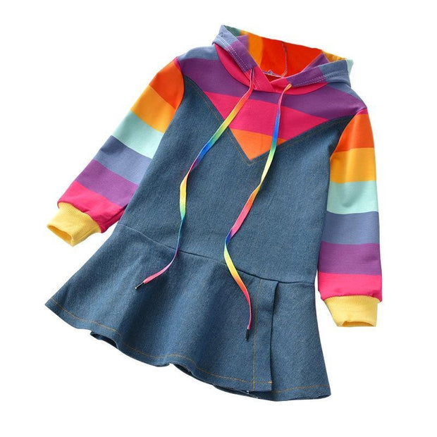 Autumn New Little Girl Rainbow Denim Dress - MomyMall
