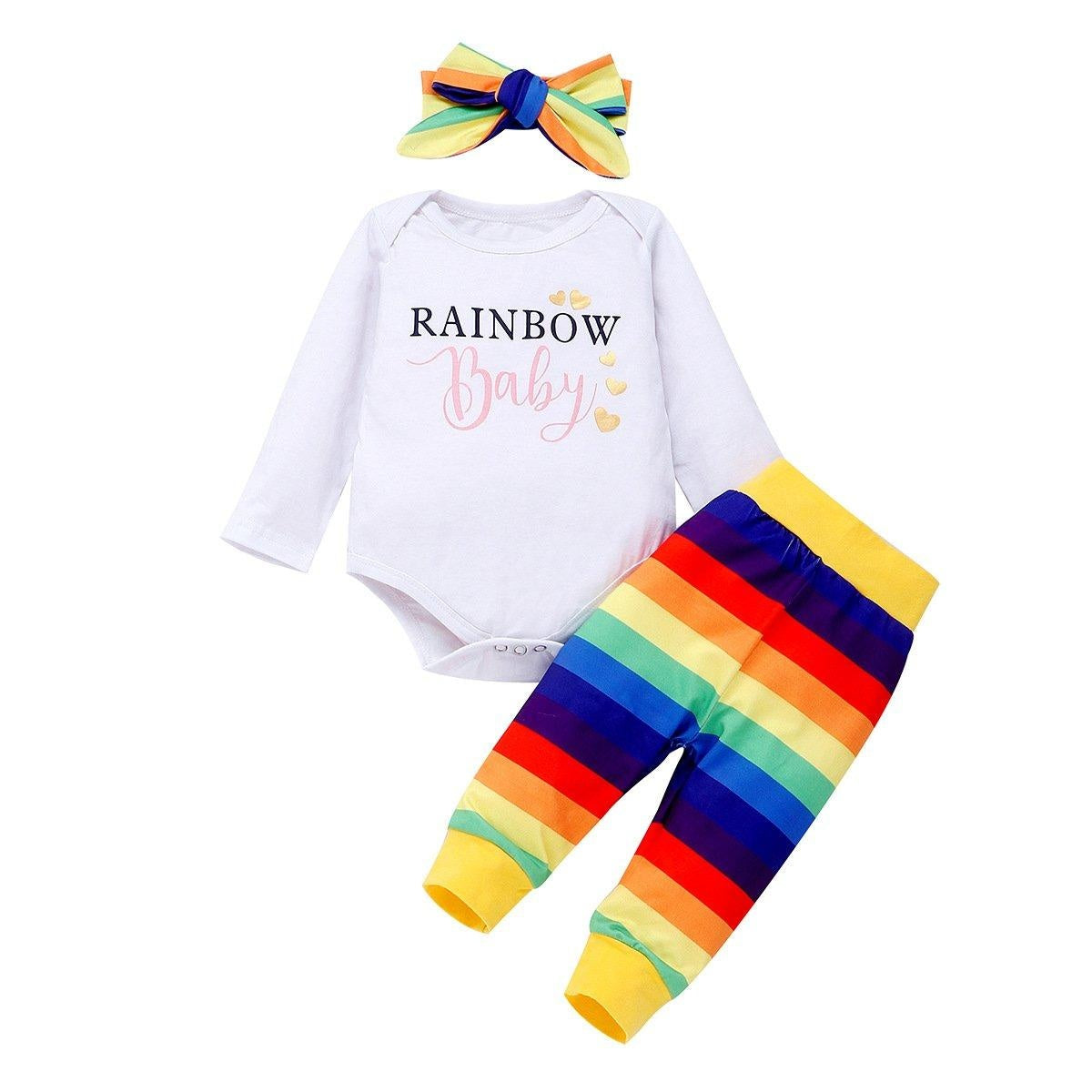 Baby Girl Color Letter Printing Rainbow Romper Outfit 3 Pcs