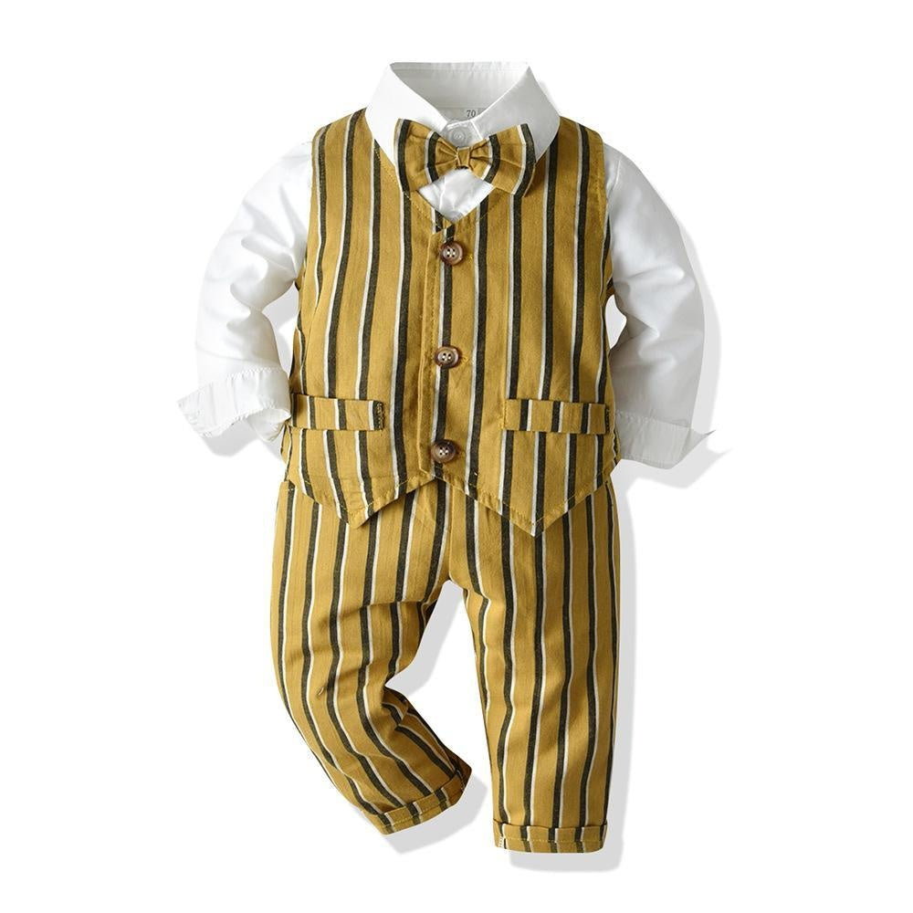 Bow Tie Striped Long Sleeves Boy Formal Set 4 Pcs Suits