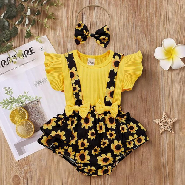 3PCS Lovely Solid Color Sunflower Printed Baby Set - MomyMall Yellow / 0-3 Months