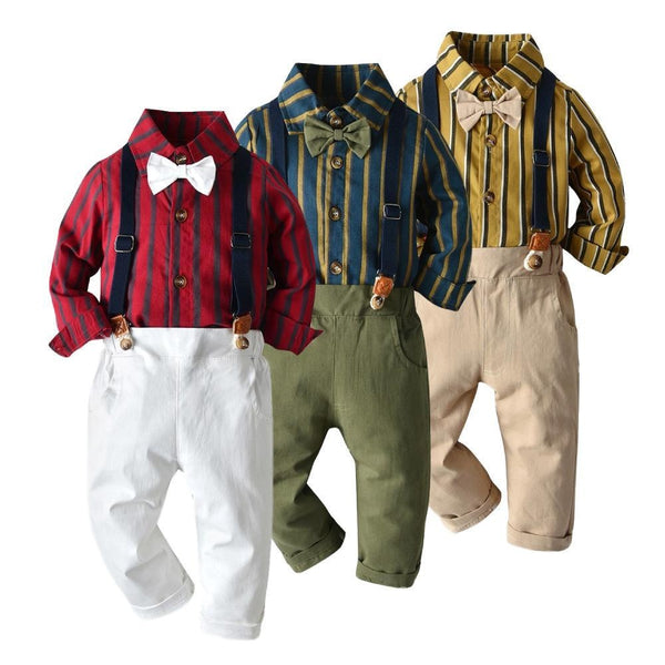 Long Sleeve Striped  Bib Baby Boy Set 2 Pcs Formal suits